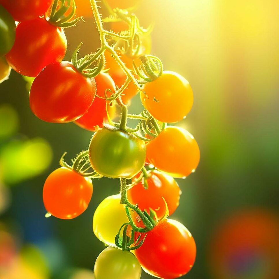 A sunlit vine of cherry tomatoes
