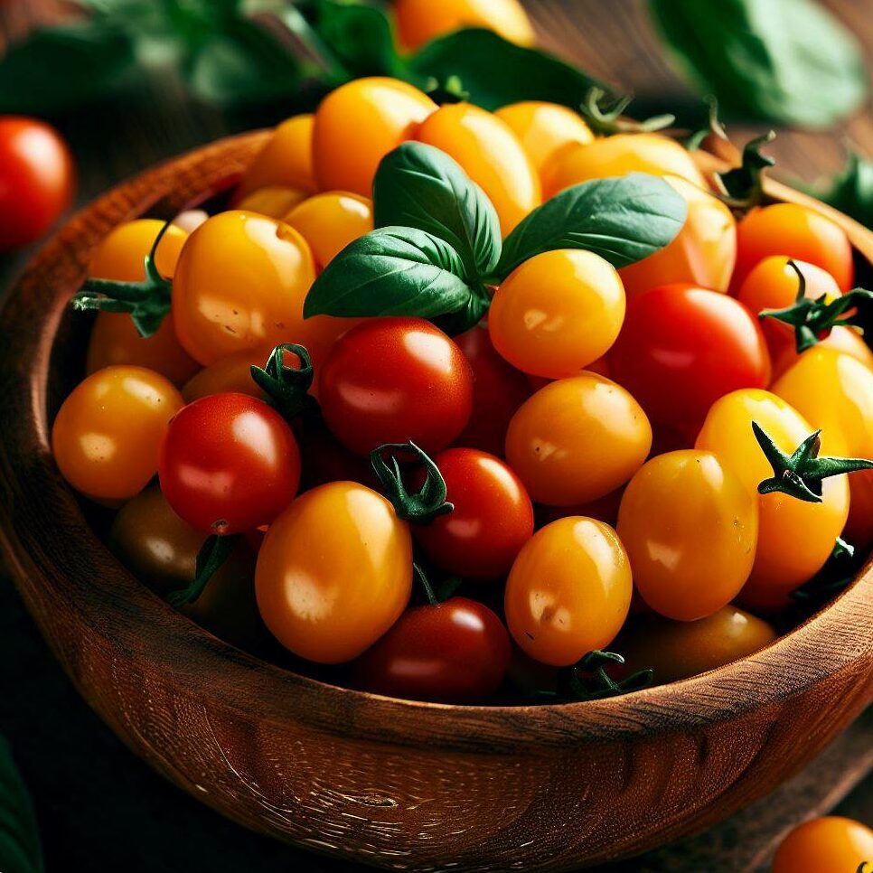 A wooden bowl filled with a mix of yellow, orange, and red cherry tomatoes