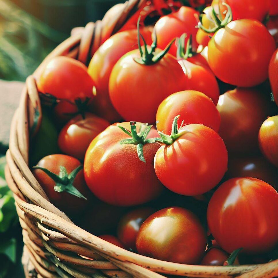 a basket with red tomatoes