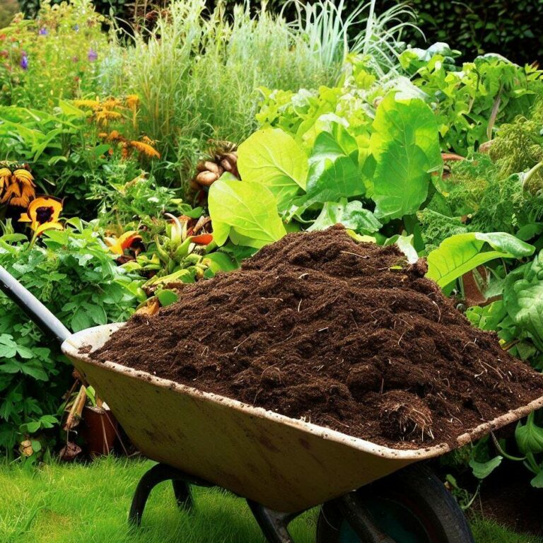 wheelbarrow of compost in veggie garden