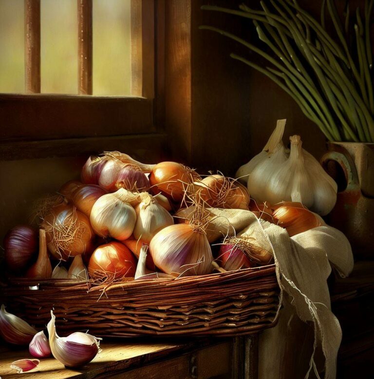 garlic and onions in a basket