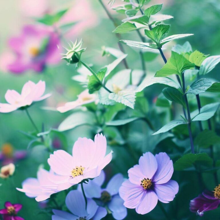 Cosmos-flowers-with-mint-in-a-herb-garden