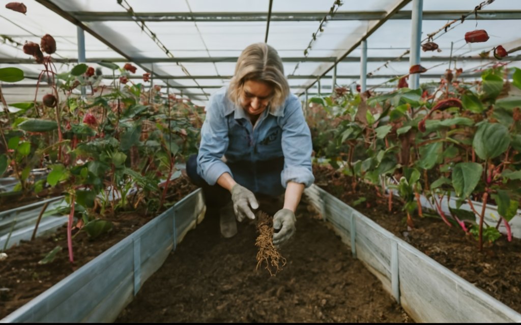 Bare root raspberries being transplanted in a greenhouse, contrasting roots and soil