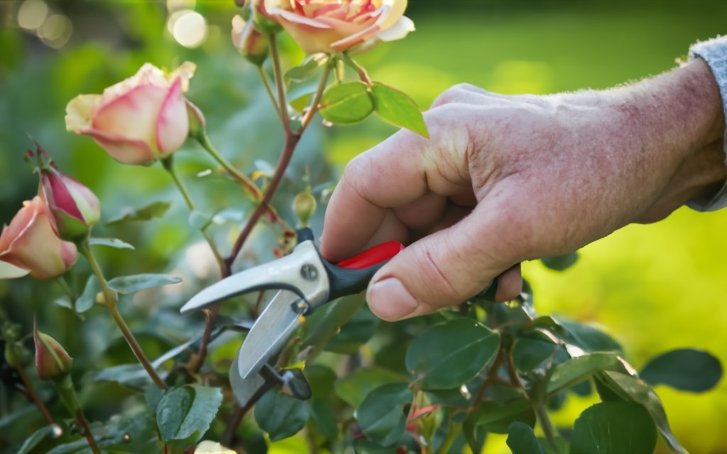 Close-up of hands pruning a rose bush in sunlight