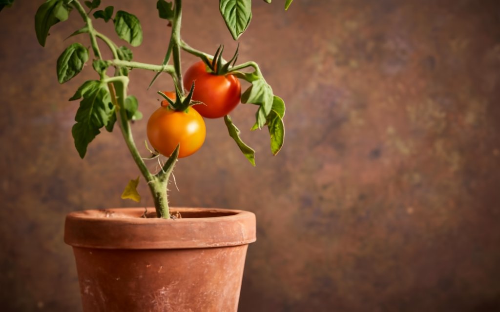 Freshly pruned tomato plant in a teracotta pot