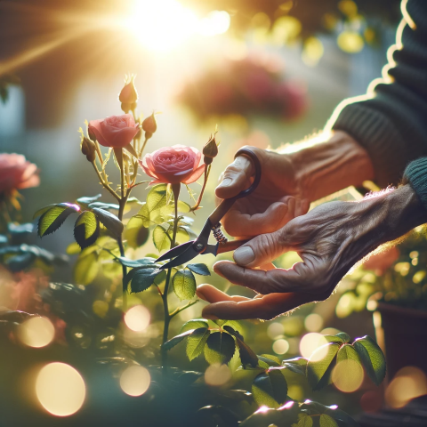 Photography of hands delicately pruning a vibrant rose bush