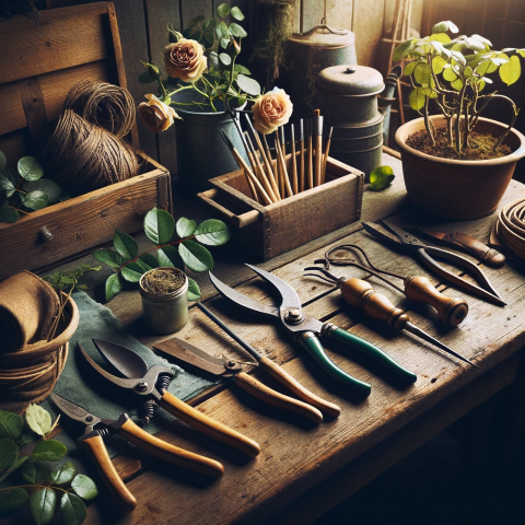 Photography of preparing tools for pruning roses, set in a rustic garden shed