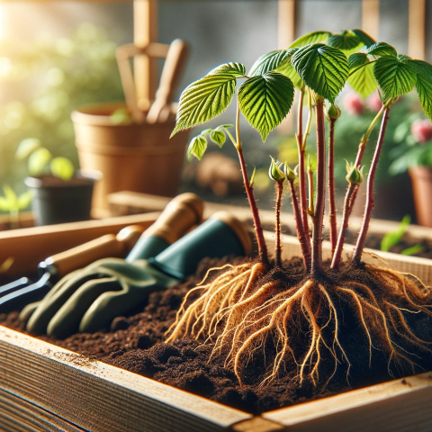 raspberry plants partially planted in raised garden bed